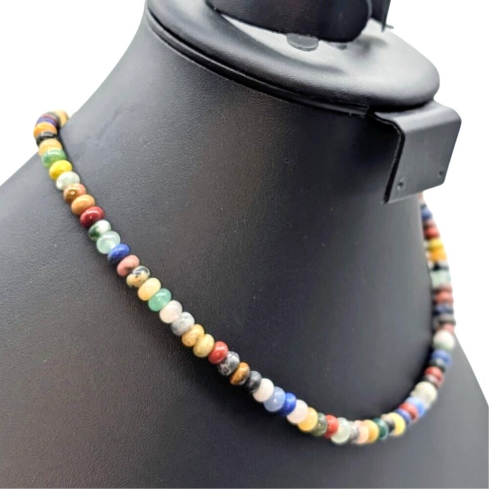 S & P 925 Sterling Silver Semi-Precious Stone Bead Boho Choker 17.5" Necklace - Picture 2 of 7